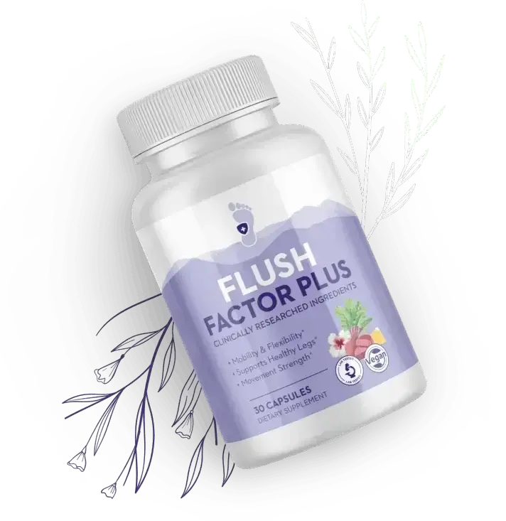 Detailed view of the Flush Factor Plus bottle, highlighting the natural formula for healthy circulation and water retention.
