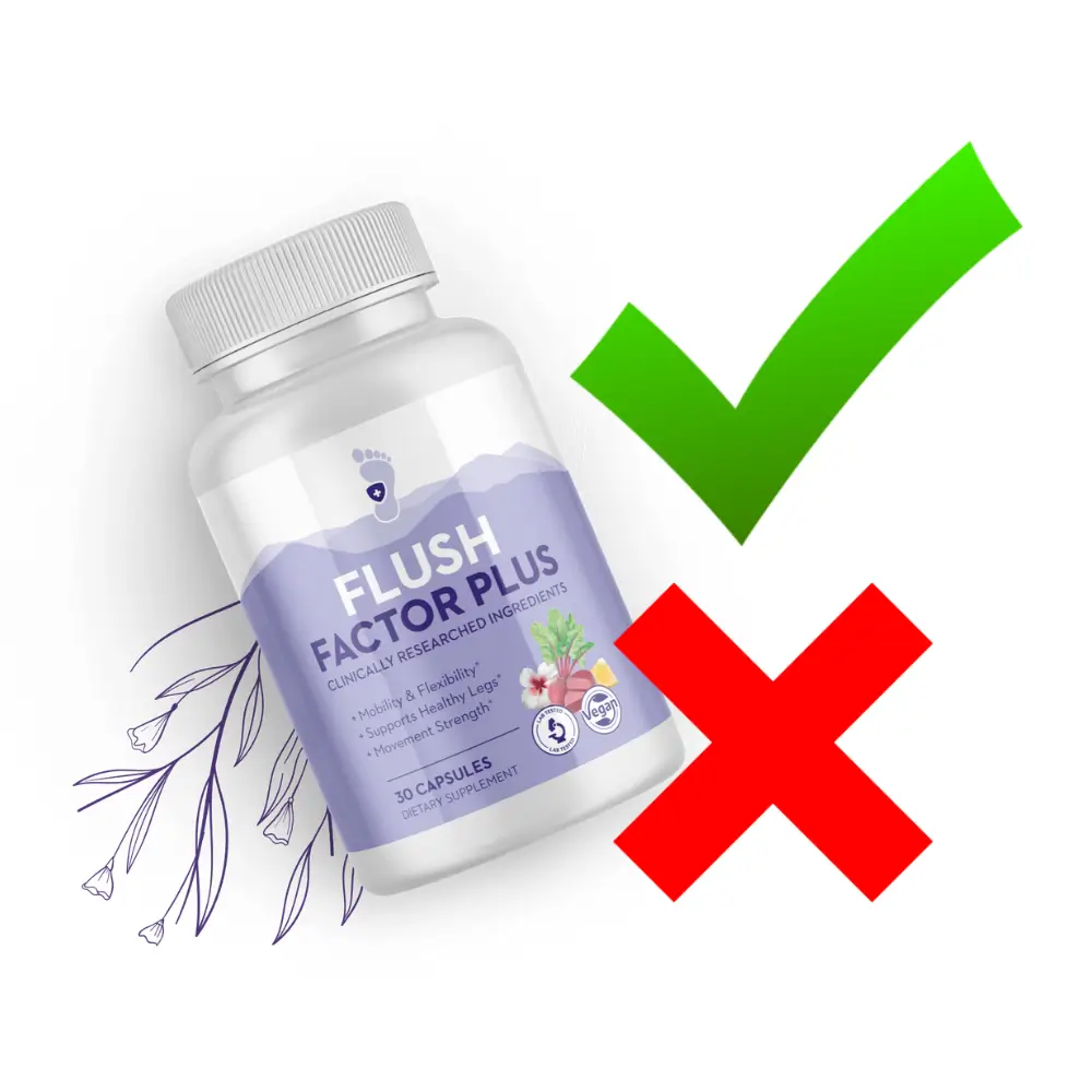 Infographic listing Flush Factor Plus benefits like reduced swelling and improved mobility vs. limited stock warnings.