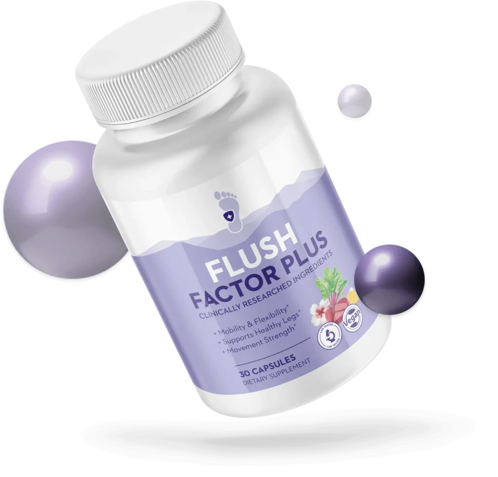 Flush Factor Plus supplement bottle with a 4.82 out of 5-star rating badge for leg swelling relief.